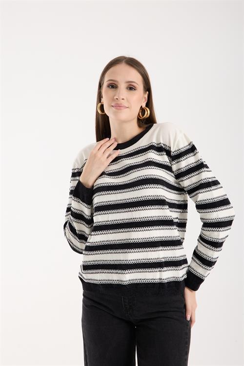 Wholesale Womens White-Black Chenille Velvet Striped Crew-Neck Knit Blouse