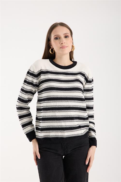 Wholesale Womens White-Black Chenille Velvet Striped Crew-Neck Knit Blouse