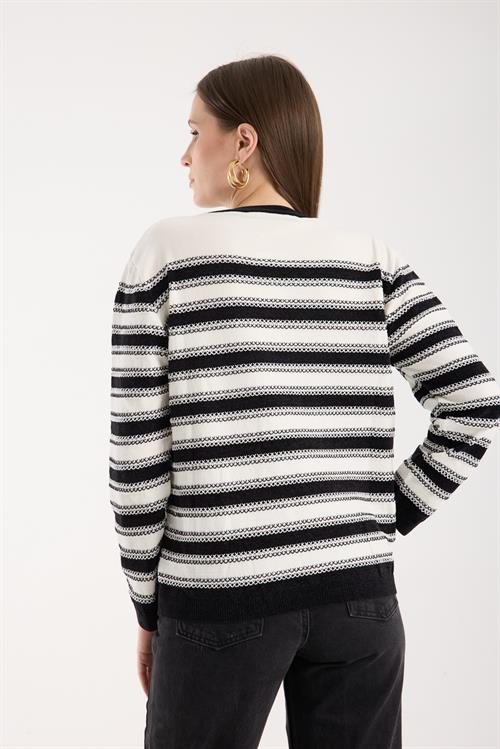 Wholesale Womens White-Black Chenille Velvet Striped Crew-Neck Knit Blouse