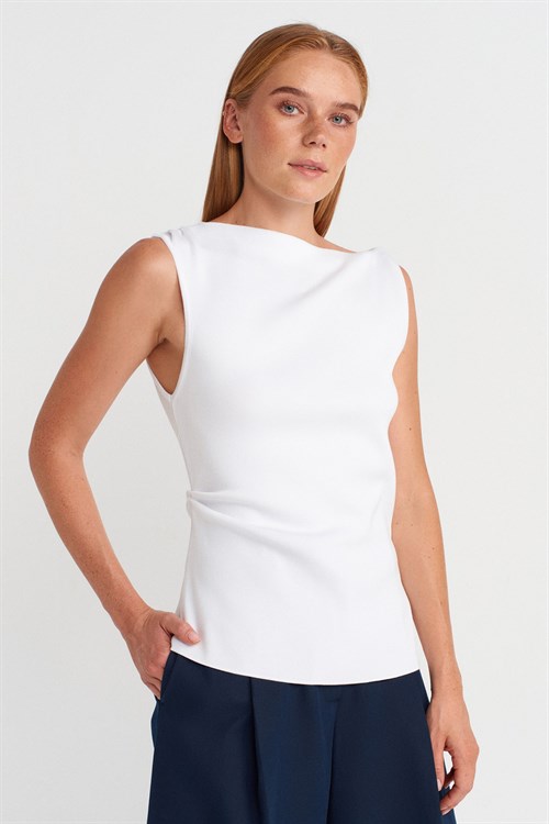 Wholesale Womens White Boat-Neck Draped Fine Knit Blouse