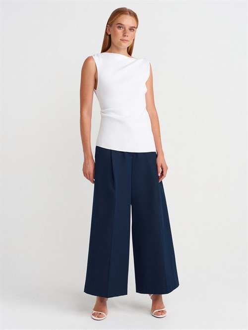 Wholesale Womens White Boat-Neck Draped Fine Knit Blouse