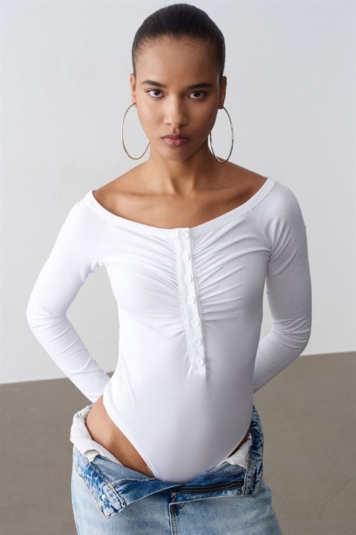Wholesale Womens White Bodysuit with Button-Up Half Placket