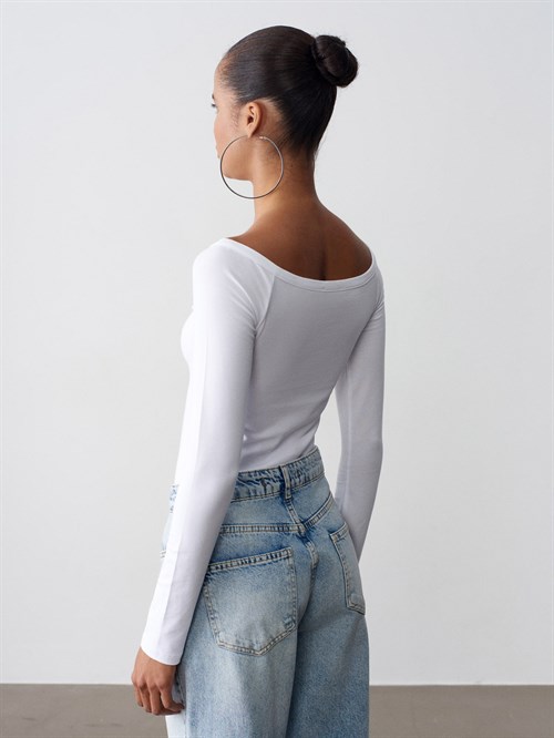 Wholesale Womens White Bodysuit with Button-Up Half Placket