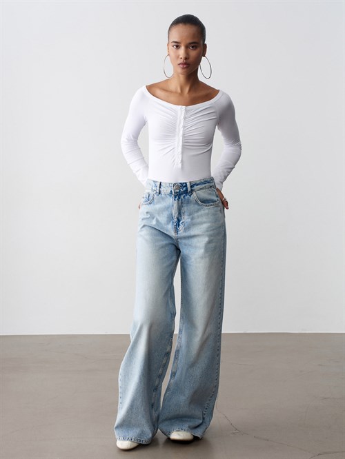 Wholesale Womens White Bodysuit with Button-Up Half Placket