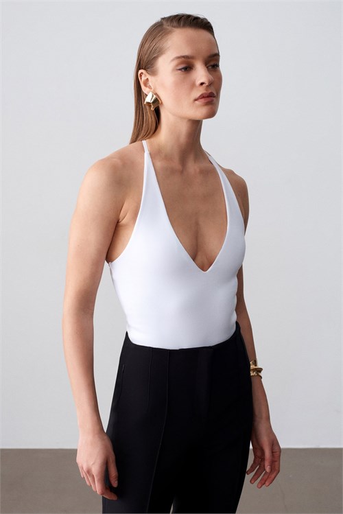 Wholesale Womens White Cross-Back Cotton Bodysuit
