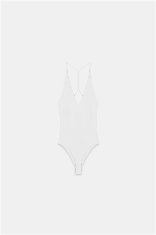 Wholesale Womens White Cross-Back Cotton Bodysuit