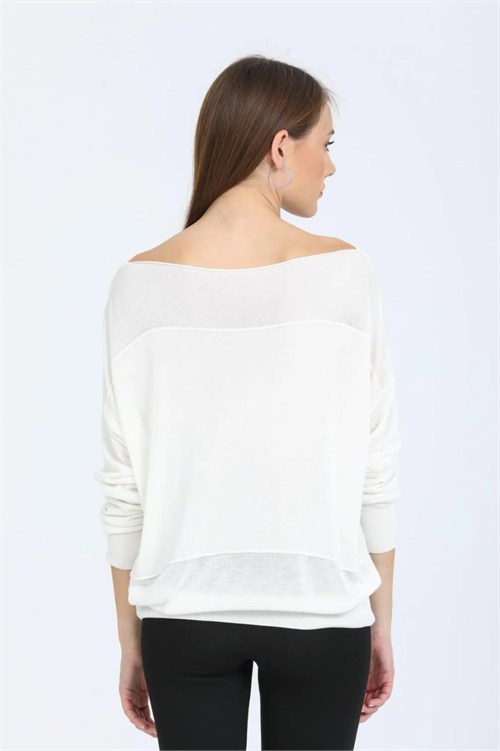 Wholesale Womens White Fine Knit Sweater with Boat Neck and Drop Shoulders