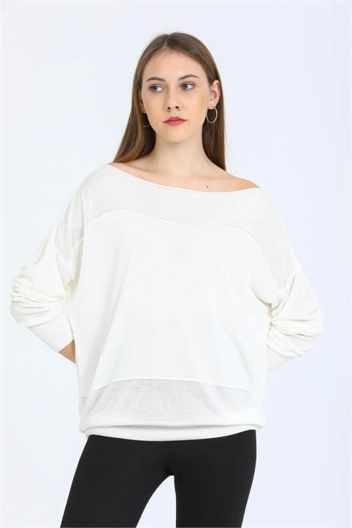 Wholesale Womens White Fine Knit Sweater with Boat Neck and Drop Shoulders