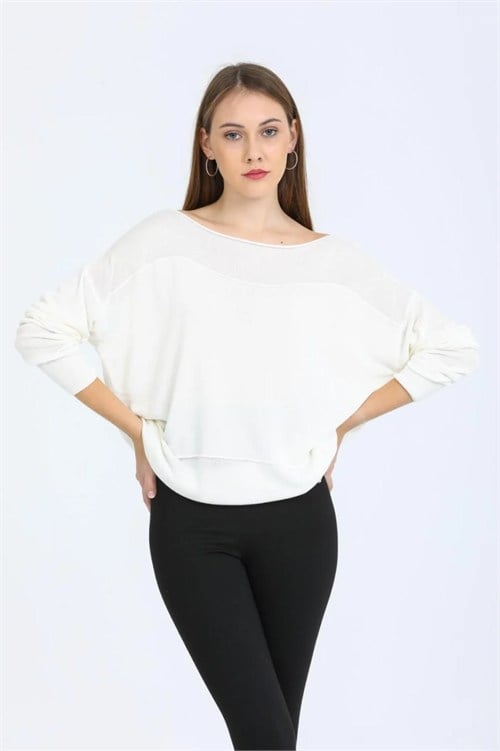 Wholesale Womens White Fine Knit Sweater with Boat Neck and Drop Shoulders