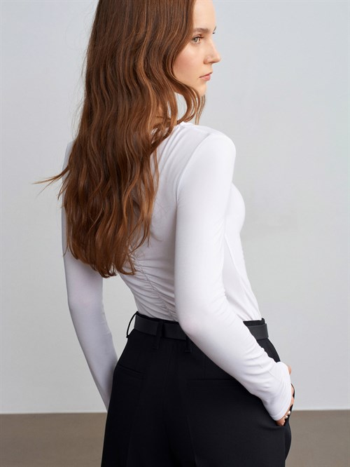 Wholesale Womens White Gathered Boat-Neck Top