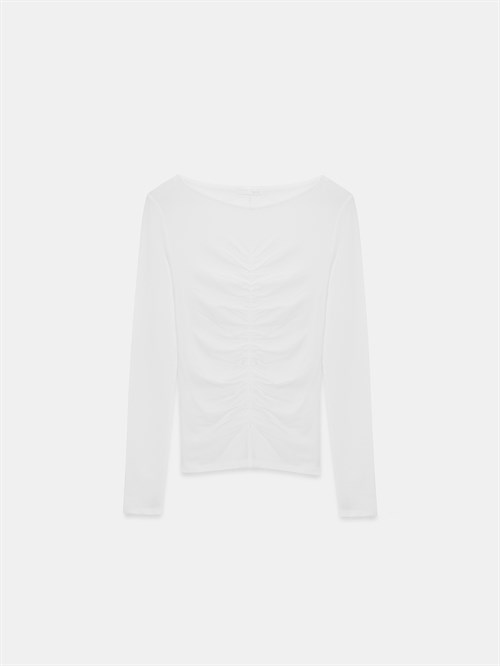 Wholesale Womens White Gathered Boat-Neck Top