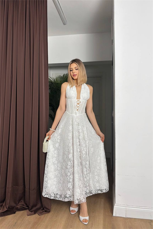 Wholesale Womens White Lace Halter Neck Maxi Dress