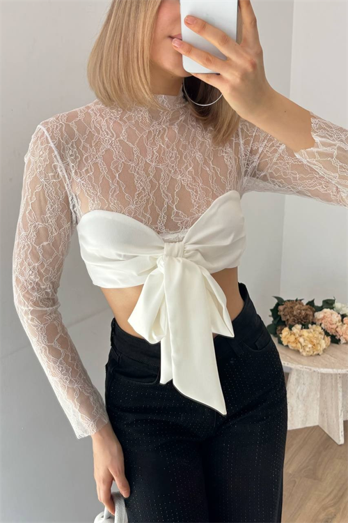Wholesale Womens White Lace Tie-Front Blouse