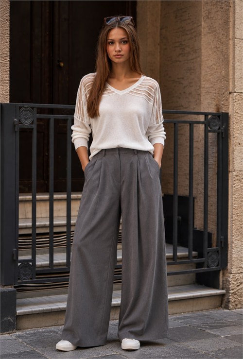 Wholesale Womens White Lurex-Thread Textured Yoke Knit Sweater