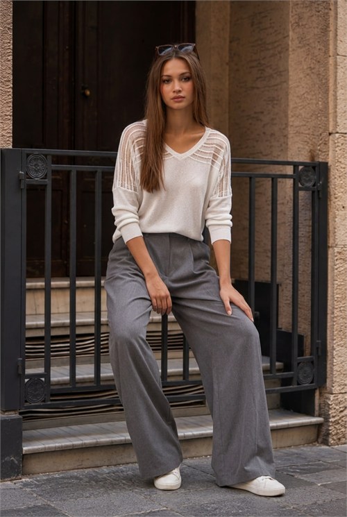 Wholesale Womens White Lurex-Thread Textured Yoke Knit Sweater