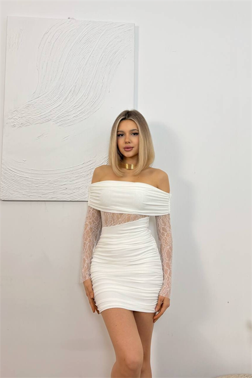 Wholesale Womens White Off-Shoulder Lace Satin Mini Dress