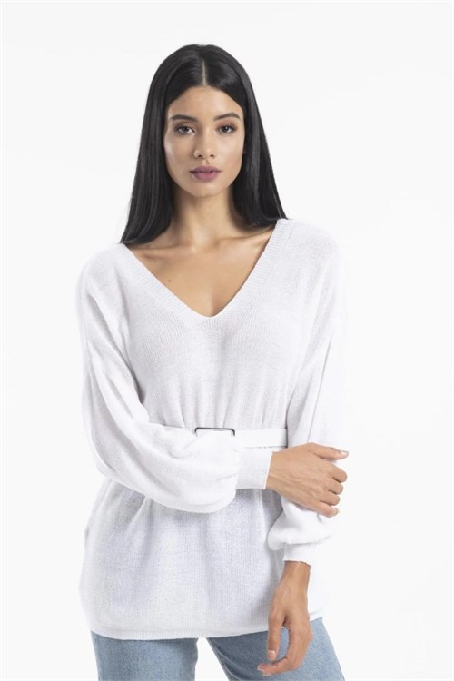 Wholesale Womens White Relaxed-Fit Mercerized Knit Sweater with Front and Back V-Neck