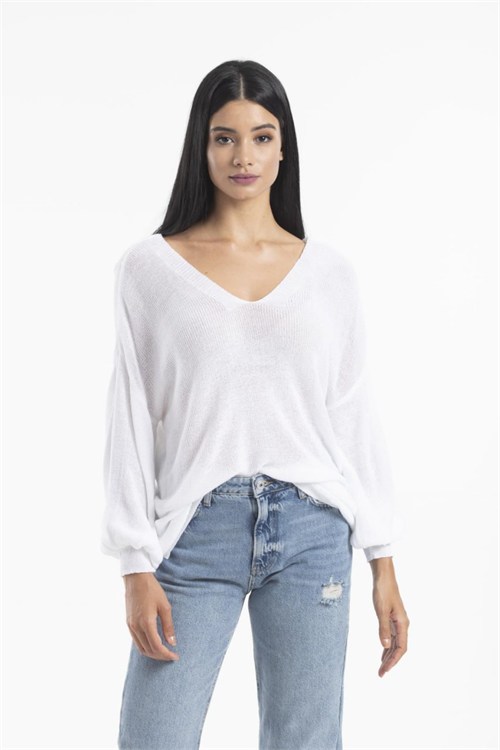 Wholesale Womens White Relaxed-Fit Mercerized Knit Sweater with Front and Back V-Neck