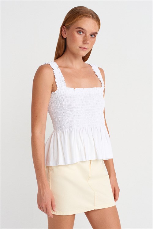 Wholesale Womens White Shirred Strappy Blouse