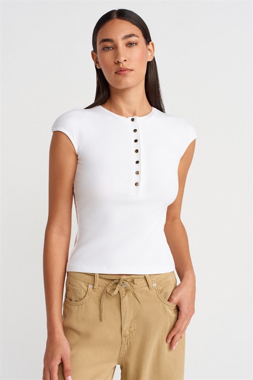 Wholesale Womens White Short-Sleeve Top with Buttoned Half Placket