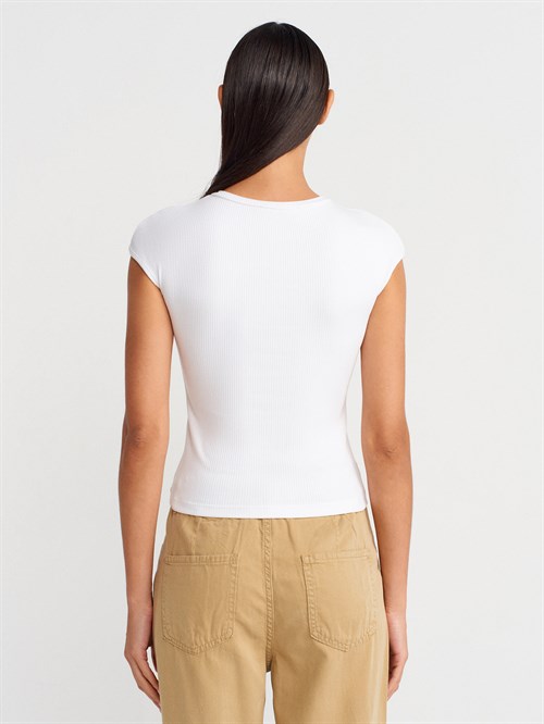 Wholesale Womens White Short-Sleeve Top with Buttoned Half Placket