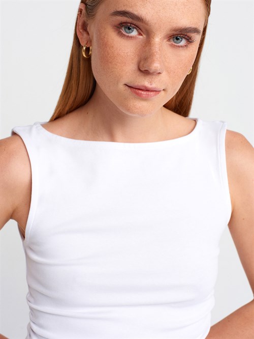 Wholesale Womens White Side Gathered Boat-Neck Top