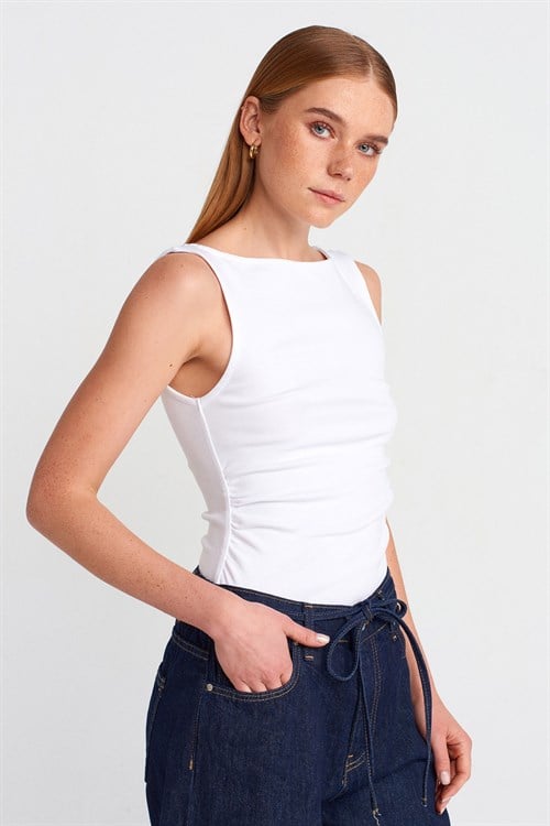 Wholesale Womens White Side Gathered Boat-Neck Top