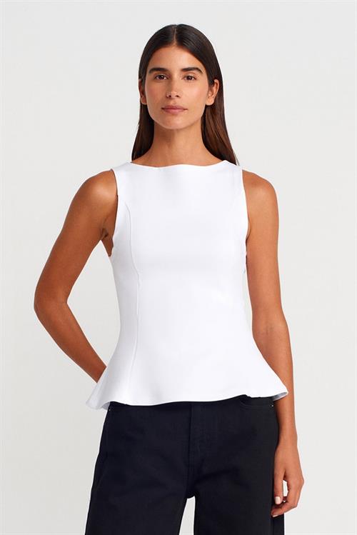 Wholesale Womens White Sleeveless Boat-Neck Peplum Blouse