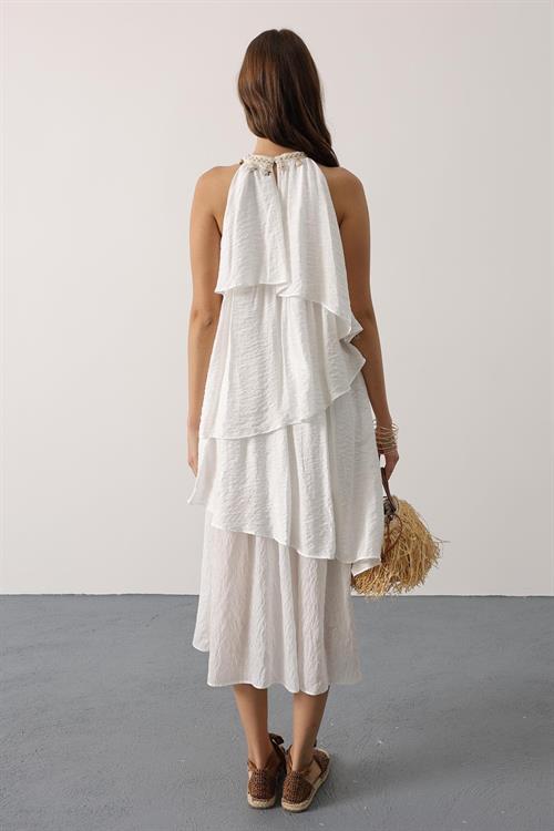 Wholesale Womens White Sleeveless Layered Dress with Collar Detail