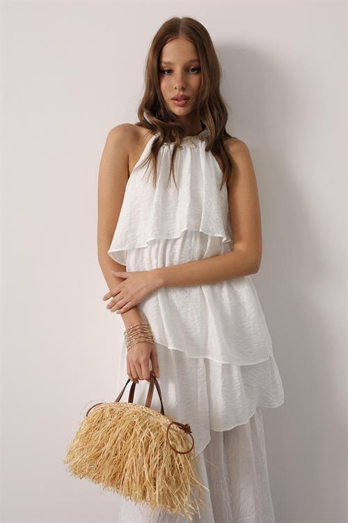 Wholesale Womens White Sleeveless Layered Dress with Collar Detail