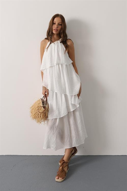 Wholesale Womens White Sleeveless Layered Dress with Collar Detail