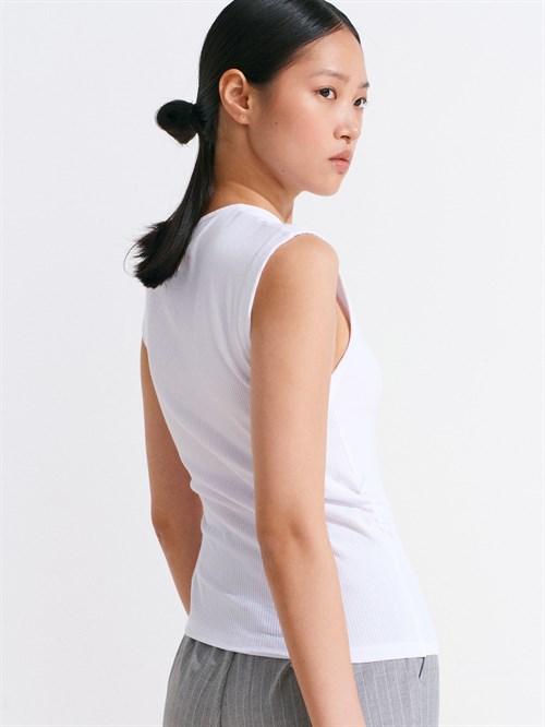 Wholesale Womens White Sleeveless Top with Button-Up Half Placket
