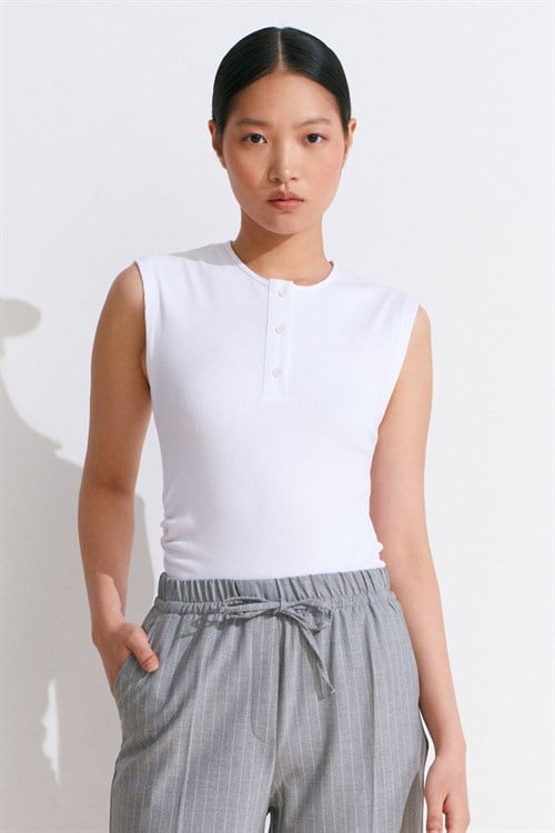 Wholesale Womens White Sleeveless Top with Button-Up Half Placket