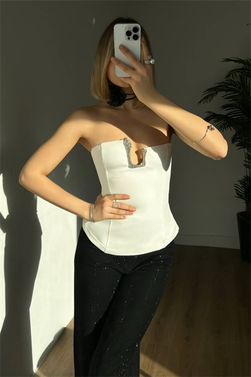Wholesale Womens White Sleeveless Top with Rhinestone Buckle