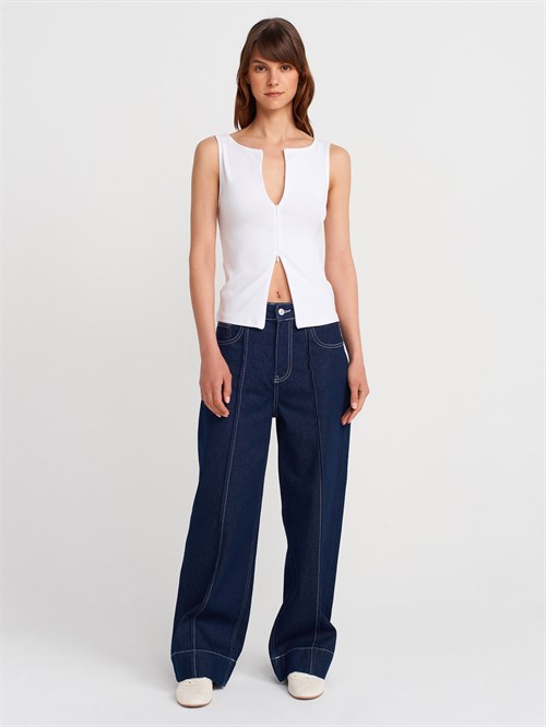 Wholesale Womens White Sleeveless Top with Two-Way Zipper