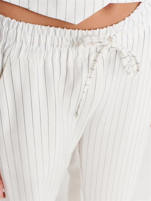 Wholesale Womens White Striped Wide Trousers with Drawstring Waist