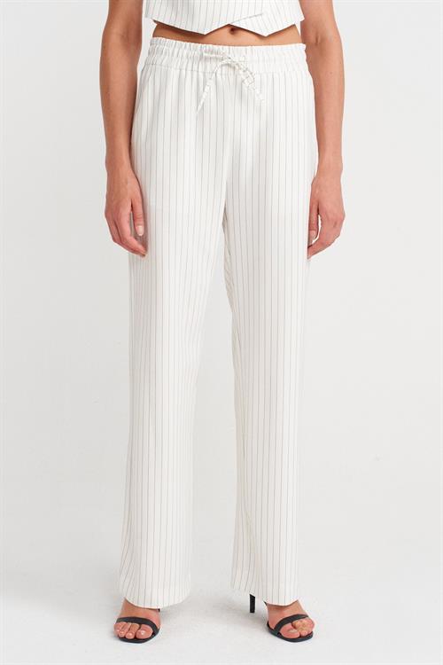 Wholesale Womens White Striped Wide Trousers with Drawstring Waist