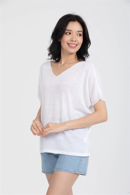 Wholesale Womens White V-Neck Mercerized Knit Sweater with Short Sleeves