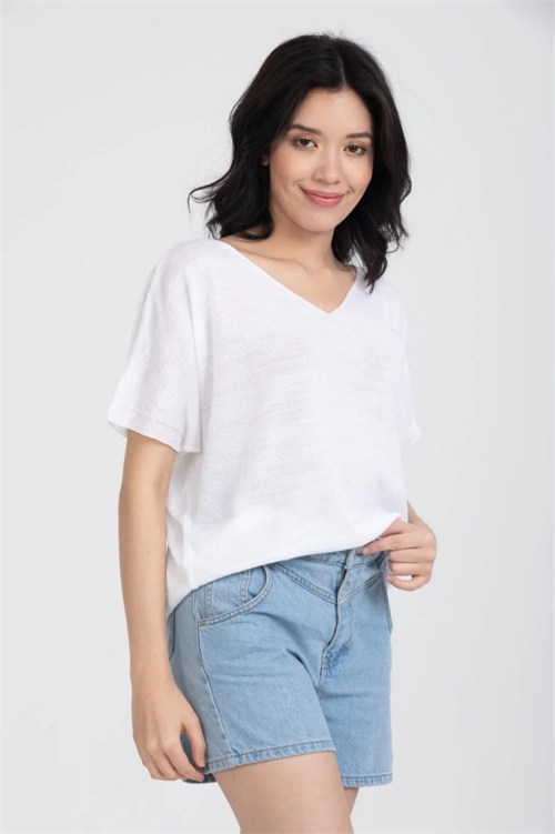 Wholesale Womens White V-Neck Mercerized Knit Sweater with Short Sleeves