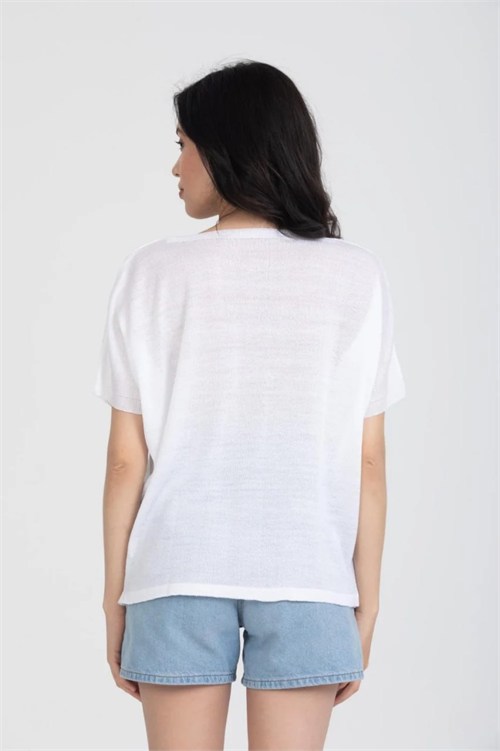 Wholesale Womens White V-Neck Mercerized Knit Sweater with Short Sleeves