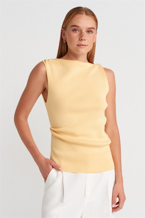 Wholesale Womens Yellow Boat-Neck Draped Fine Knit Blouse