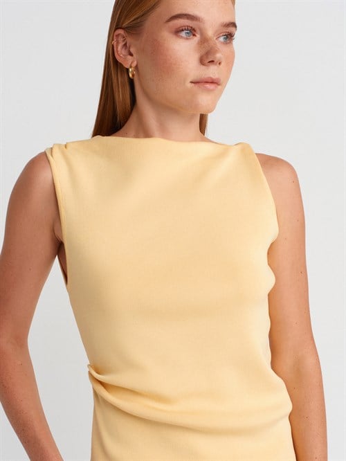 Wholesale Womens Yellow Boat-Neck Draped Fine Knit Blouse