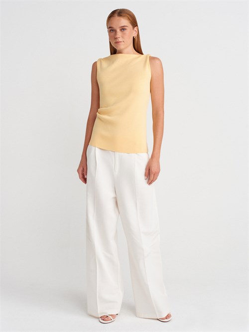 Wholesale Womens Yellow Boat-Neck Draped Fine Knit Blouse