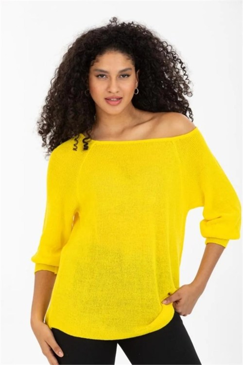 Wholesale Womens Yellow Boat-Neck Mercerized Knit Sweater with Raglan Sleeves