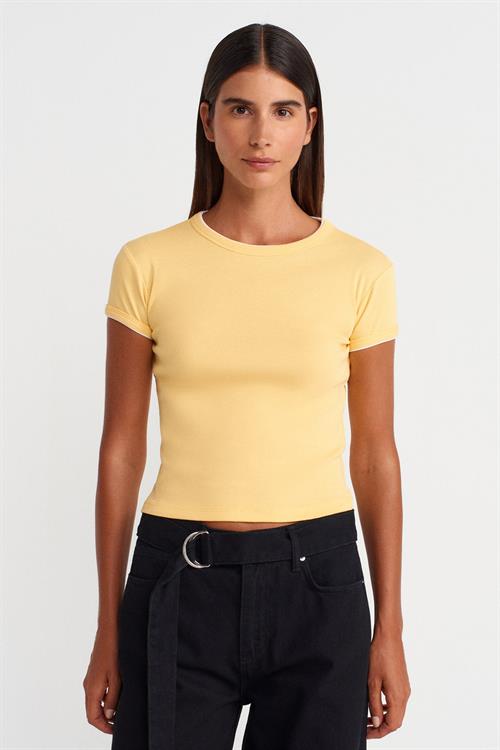Wholesale Womens Yellow Crew-Neck T-Shirt with Contrast Trim