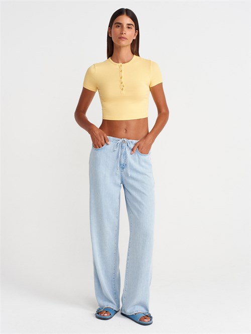 Wholesale Womens Yellow Crop T-Shirt with Button-Up Half Placket