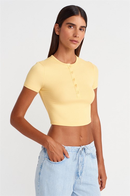 Wholesale Womens Yellow Crop T-Shirt with Button-Up Half Placket