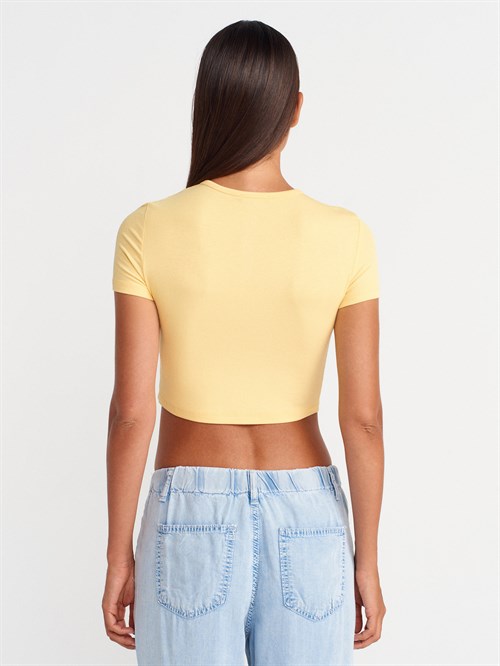 Wholesale Womens Yellow Crop T-Shirt with Button-Up Half Placket