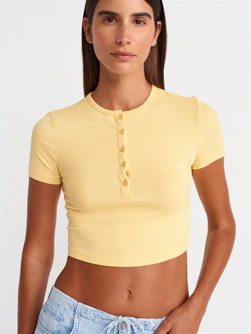 Wholesale Womens Yellow Crop T-Shirt with Button-Up Half Placket