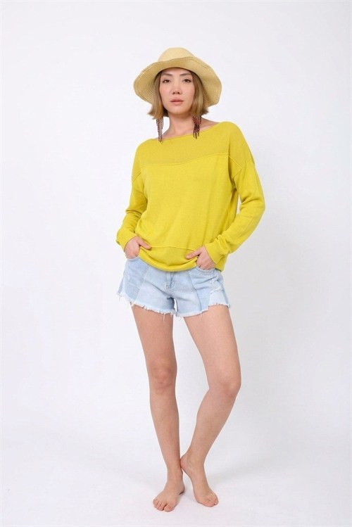 Wholesale Womens Yellow Fine Knit Sweater with Boat Neck and Drop Shoulders